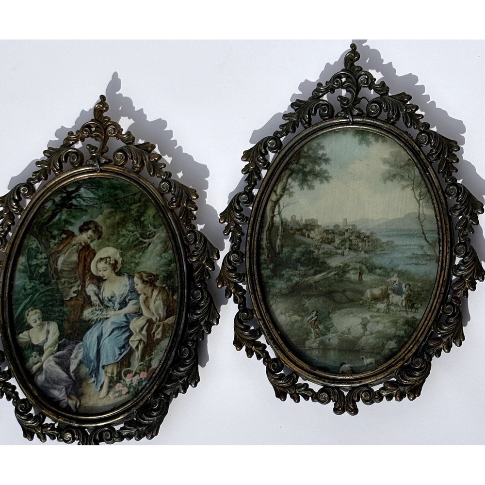 2 vintage Bubble Glass  Italian brass oval ornate frames